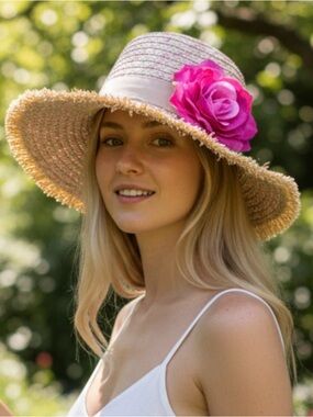 Kentucky Derby Straw Hat Pink Floral Wide Brim Garden Party Beach